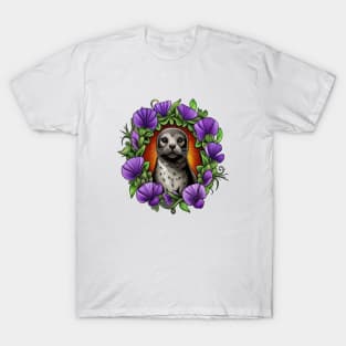 A Harbor Seal Surrounded By A Wreath Of Violet Viola Tattoo Art T-Shirt